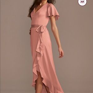 Flutter Sleeve Crepe Satin Ruffle Bridesmaid Dress